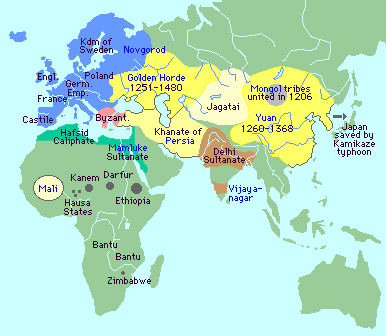 Karte der
                  Mongolenreiche in Asien, daneben Europa und Afrika