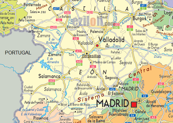 Map with the position
                            of Tordesillas between Madrid and
                            Valladolid