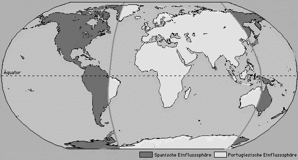 Map with the
                    border line ("Papal line") of the treaty
                    of Tordesillas of 7 June 1494 as a base for
                    "Christian" war terrorist colonialism of
                    "Christendom" between the two terrorist
                    states of Spain and Portugal