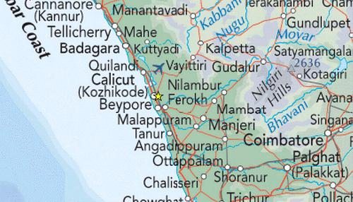 Map with the position of Calicut at the
                            Indian western coast line (Malabar coast)