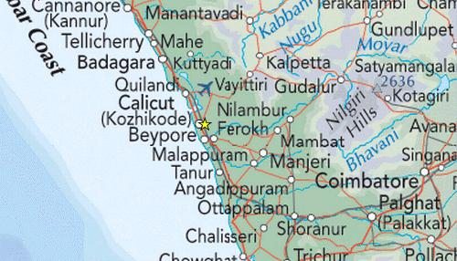 Karte mit der Lage von Calicut an der
                            indischen Westkste (Malabarkste)