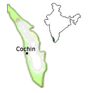 India: map with the position of the
                              state of Kerala at western coast of India
                              with the town of Cochin