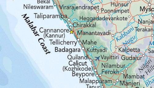 Map with the two towns Cannanore (Kannur) and
                    Calicut (Kozhikode) [13] in Southern India