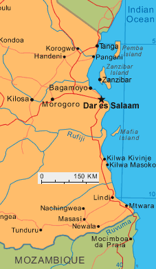 Map with the coast line of
                            Tanzania with Kilwa