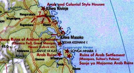 Kilwa at the coast line of
                            today's Tanzania, detailed map