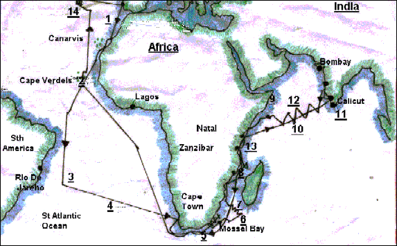 Map with an example of a sailing
                            shipping lane from Lisbon to India with the
                            indications of Calicut and Bombay (today
                            Mumbay)