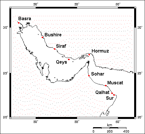 Map with the trade locations at Persian
                            Gulf and at the Street of Hormuz