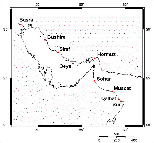 Karte mit den Handelsorten am
                            Persischen Golf und an der Strasse von
                            Hormuz