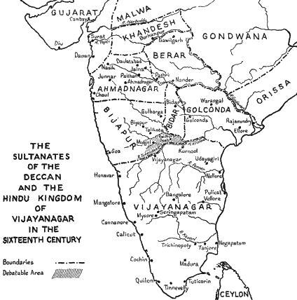 Map of India with the sultanates
                            during 16th century