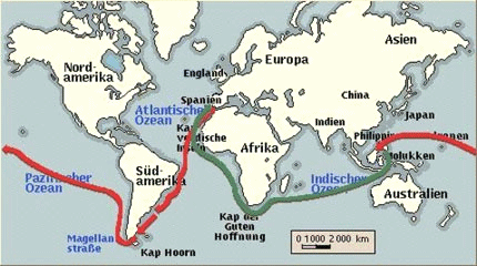 Karte mit der Route von Magellan,
                              Rot: mit Magellan, Grn: Rckweg ohne
                              Magellan
