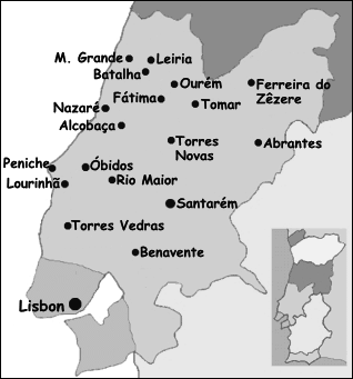 Map of southern Portugal
                            with the position of Tomar in the upper half
                            of the province