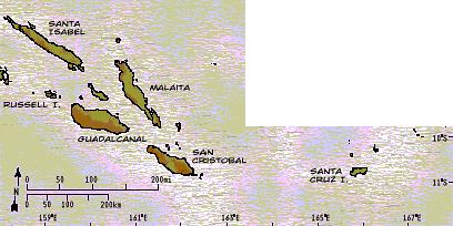 Map with the Solomon
                            Islands (left), and Santa Cruz Islands
                            (right)