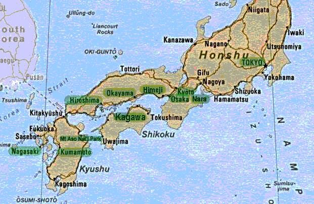 Map with
                    the position of Nagasaki at the western end of
                    Kyushu Island, Japan