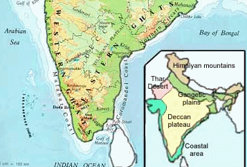 Map with the coasts of India:
                    the western coast is Malabar coast, the eastern
                    coast is Coromandel coast