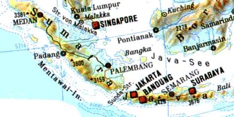 Karte mit der Sunda-Strasse
                            zwischen Sumatra und Java, gleich daneben
                            Jakarta / Batavia