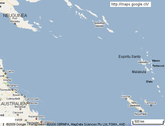 Karte mit der Position der Insel
                            "Espiritu Santo" der "Neuen
                            Hebriden", heute Vanuatu