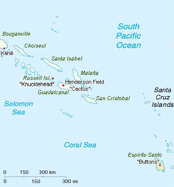 Detailkarte mit den Salomon-Inseln,
                            den Santa-Cruz-Inseln und der Insel
                            "Espiritu Santo" (rechts unten)