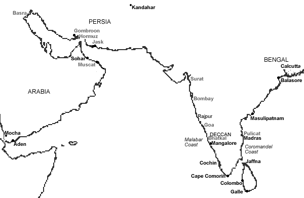 Karte: Handelsstationen: Persischer
                            Golf, Indien, Arabien, Persien