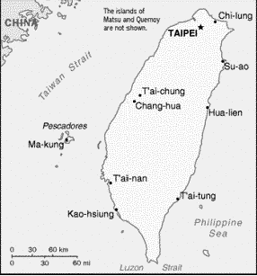 Karte mit den
                    portugiesisch-kolonialen Pescadores-Inseln / Penghu
                    zwischen dem heutigen Taiwan und China