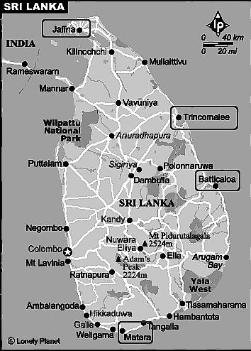 Ceylon: Karte
                    mit der Position von Batticaloa