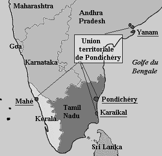 Indien: Karte
                    des Territoriums der Union von Pondichry,
                    franzsisches Kolonialgebiet in Indien