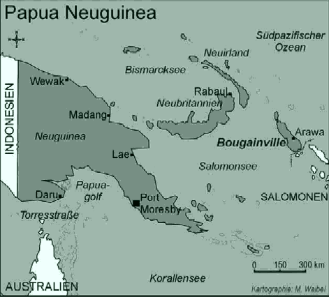 Karte mit Papua-Neuguinea und
                            daneben die Insel Neubritannien (mit der
                            Ortschaft Rabaul)