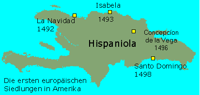 Map of
                    Hispaola with La Navidad, Isabela, Concepcin and
                    Santo Domingo