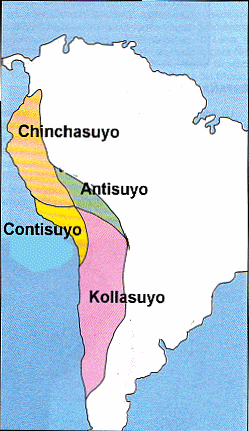 Map
                            with the Inka Empire (in Quechua language:
                            Tahuantinsuyo) and the four parts