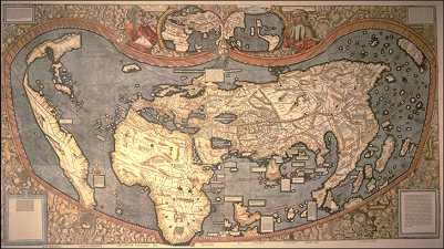 Weltkarte / mapa del mundo / world map
                            von Martin Waldseemller / Waldseemueller
                            1507 mit Bezeichnung Amerika / America von
                            Amerigo Vespucci