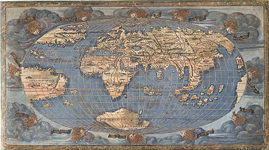 Die Weltkarte von Rosselli von 1508 nimmt
                          weiter an, dass Europa neben Asien liegt.