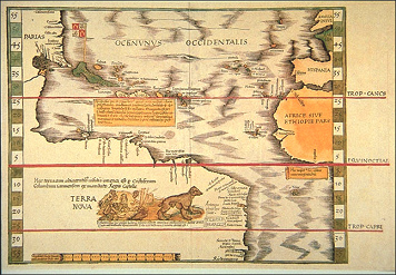 Weltkarte 1513 von Martin Waldseemller
                            mit der Einzeichnung "Terra Nova"