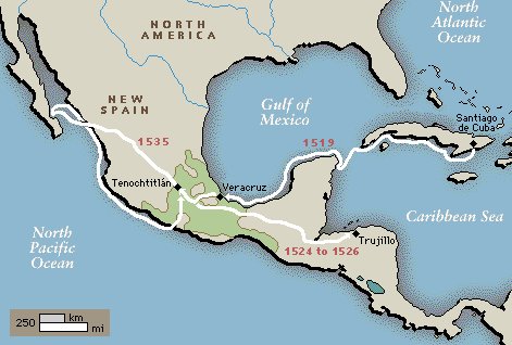 Map: Hernando Cortés came with his
horses. Starting point is Santiago de Cuba (on
Cuba),not Havana. Landing location is near
Veracruz Map: Hernando Cortés came with his
horses. Starting point is Santiago de Cuba (on
Cuba),not Havana. Landing location is near
Veracruz