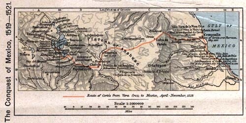 Map of Mexico 1519-1521 with the
route of Cortés to Tenochtitlán with a
relief of the mountains Map of
Mexico 1519-1521 with the route of Cortés
to Tenochtitlán with a relief of the
mountains