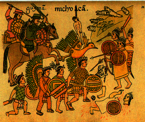 Hernando Cortés hunting natives with
shields, swords, horses and dogs Hernando Cortés hunting natives with
shields, swords, horses and dogs
