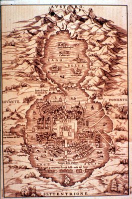 Tenochtitln, depiction 03
                          with a big lake with mountain ranges