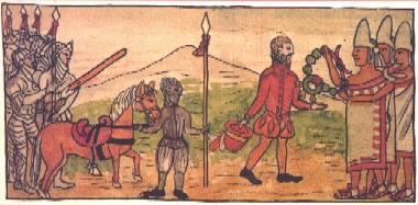 Depiction of messengers of Moctezuma
                          bringing gifts to Corts in the countryside
                          before Tenochtitln