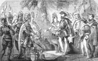 Depiction of
                            the welcoming scenery between Corts (right)
                            and Moctezuma (left), depiction of the 18th
                            century