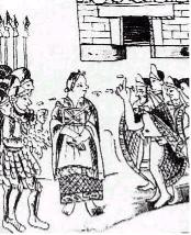 The
                          woman translator Malinche / Doa Marina is
                          translating between Moctezuma (right) and
                          Cortez (left) in the town