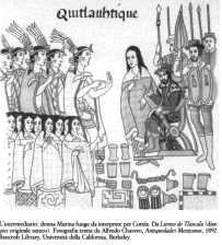 Depiction of scenery:
Moctezuma is presenting Cortés all objects
of his treasury. Next to Cortés is Malinche,
the translator Depiction of scenery: Moctezuma is
presenting Cortés all objects of his
treasury. Next to Cortés is Malinche, the
translator
