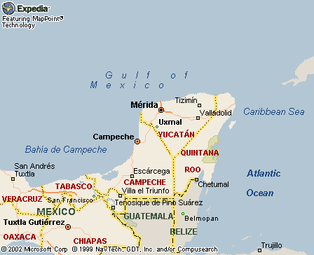 Map of Yucatn with the positions of
                            Uxmal between Mrida and Campeche
