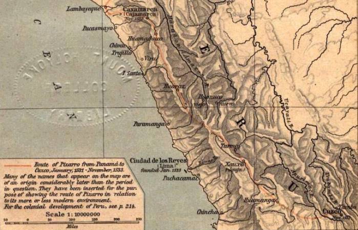 1531-1533: map with the
                    invasion under the leadership of Pizarro with the
                    rise to the highlands of Peru from Cajamarca to
                    Cuzco