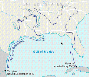 Map with the expedition under
                                Hernando de Soto 1539-1543 passing the
                                whole south of North
                                "America"