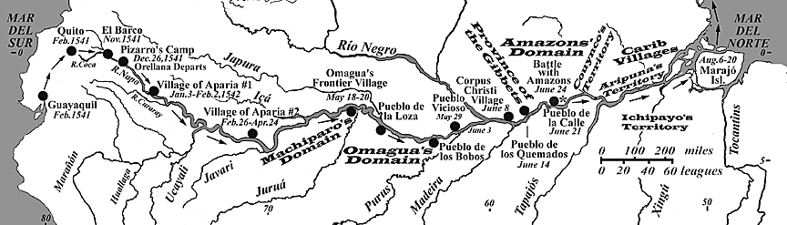 Map with the route of the
                                  expedition in 1544 under Orellana on
                                  Maran River and Amazon River