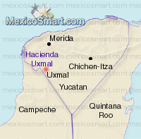Map with the position of Uxmal on
                            Yucatan Peninsula, today Mexico