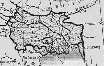 Karte von
Bengalen von 1767 mit Balasore (unten),
Dacca (Mitte) und Patna (links oben) Karte von Bengalen
von 1767 mit Balasore (unten), Dacca (Mitte)
und Patna (links oben)