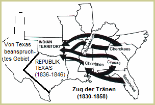 Karte mit dem sdlischen Teil des "Zugs der
                Trnen" ("Trail of Tears") von 1838 mit
                den vertriebenen Ureinwohnern und Primrnationen der
                Cherokees, Choctaws, Chikasaws, Creeks und Seminolen