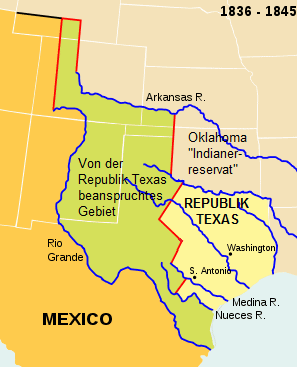 Karte mit der Republik Texas und dem
              "beanspruchten" Gebiet, 1836-1845