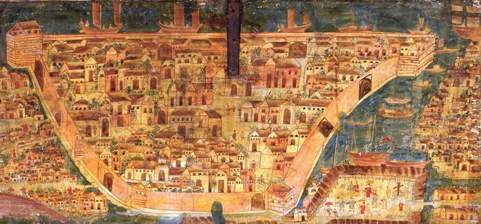 Manila im 17. Jahrhundert,
                lmalerei auf einer Holztruhe von ca. 1640 bis 1650
