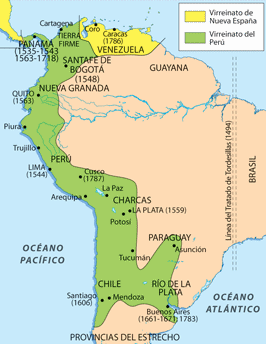 Karte mit
                      dem Vizeknigreich Peru, Venezuela und der
                      Tordesillas-Linie von 1493