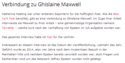 Zitat: Es besteht eine direkte Verbindung
zwischen Katherine Keating und Ghislaine Maxwell,
die Kinderhändlerin von Epstein Zitat: Es
besteht eine direkte Verbindung zwischen Katherine
Keating und Ghislaine Maxwell, die Kinderhändlerin
von Epstein